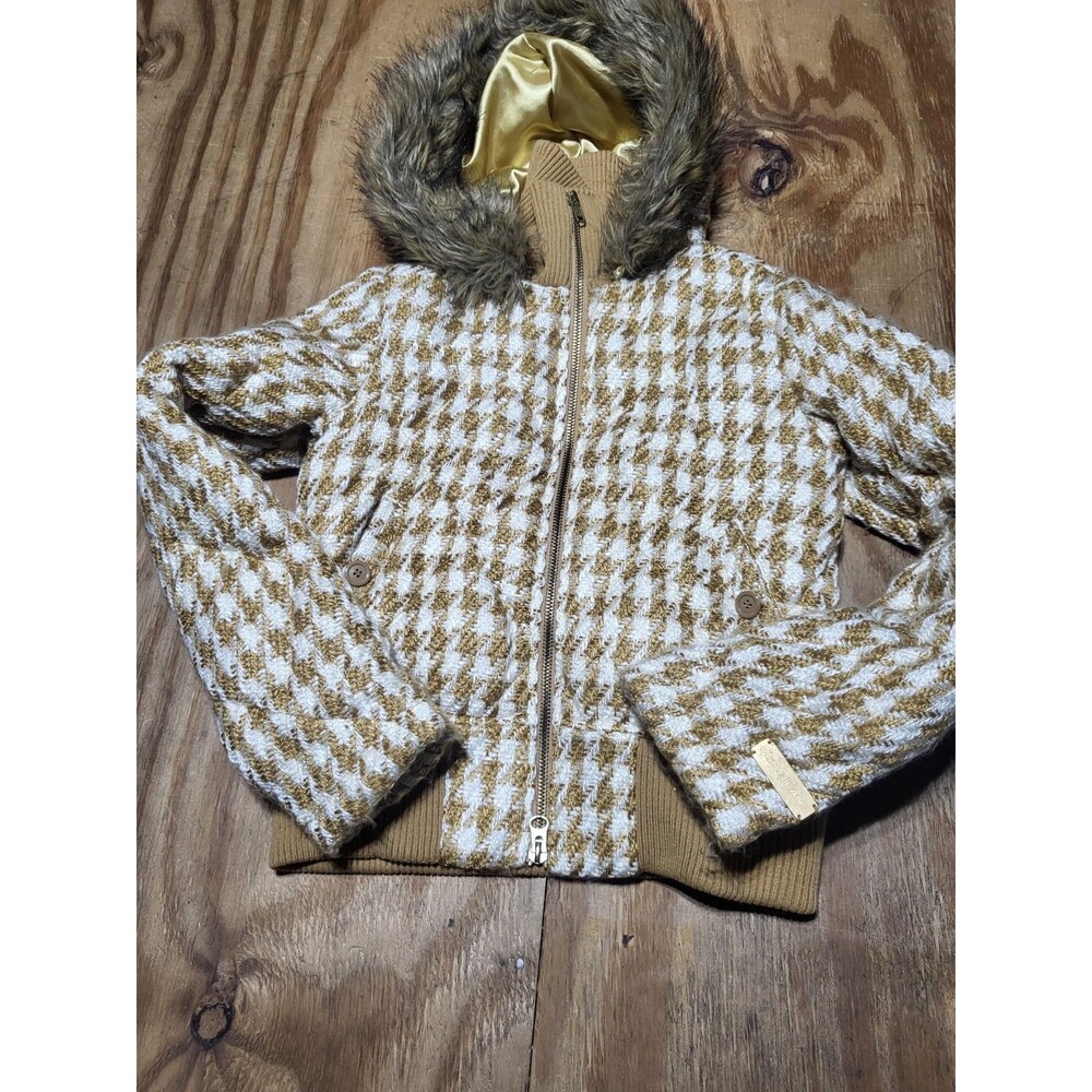 DKNY hounds Tooth Jacket Women L HOODED FULLZIP Beige @Jrack